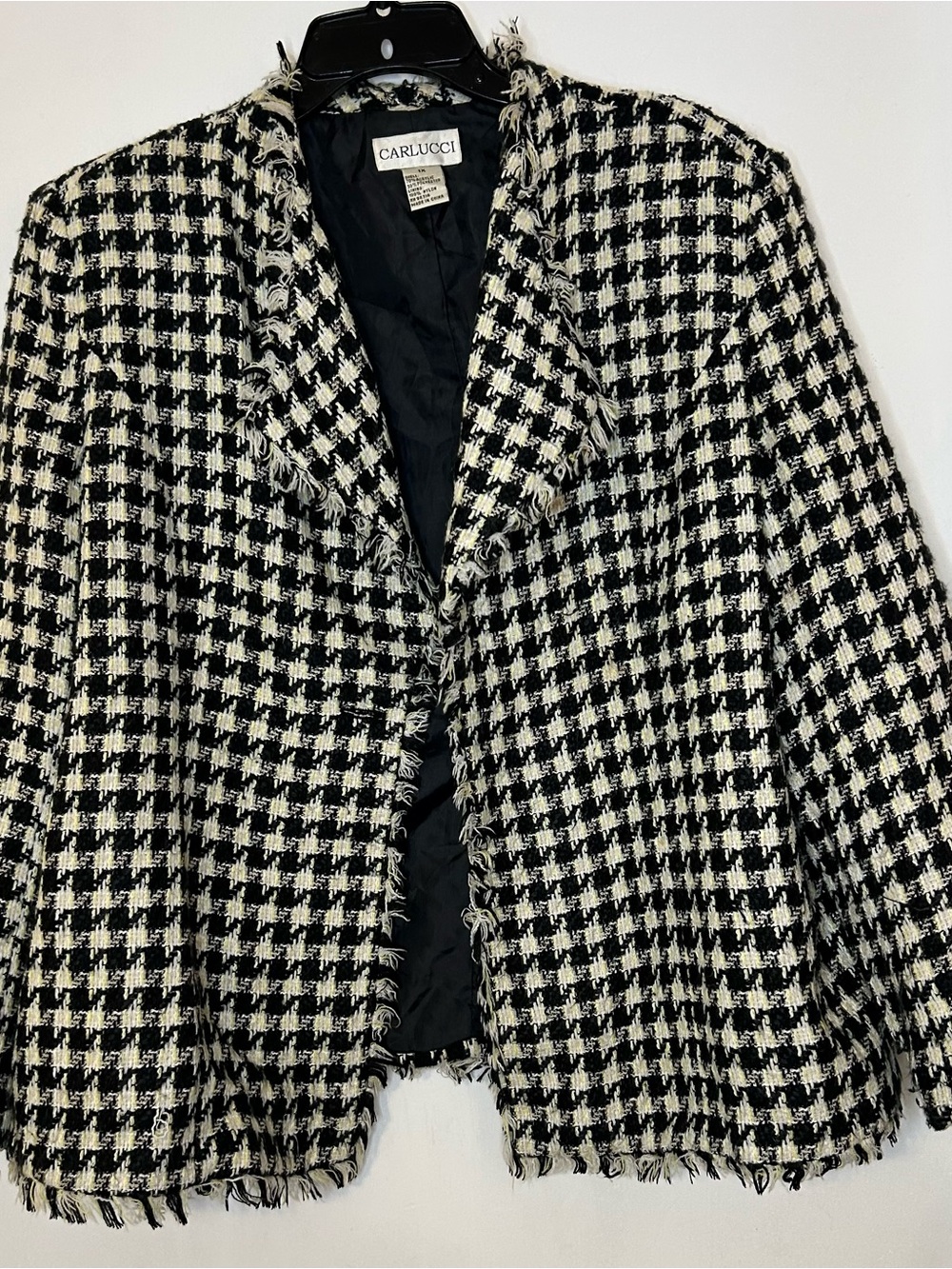 Carlucci Black and White Houndstooth Fringe Plus Size Blazer